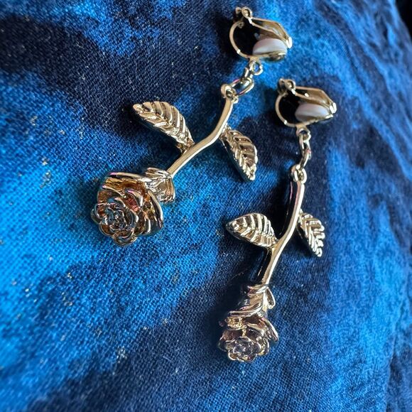 Gold Stem Rose Clip-On Earrings - Picture 2 of 2